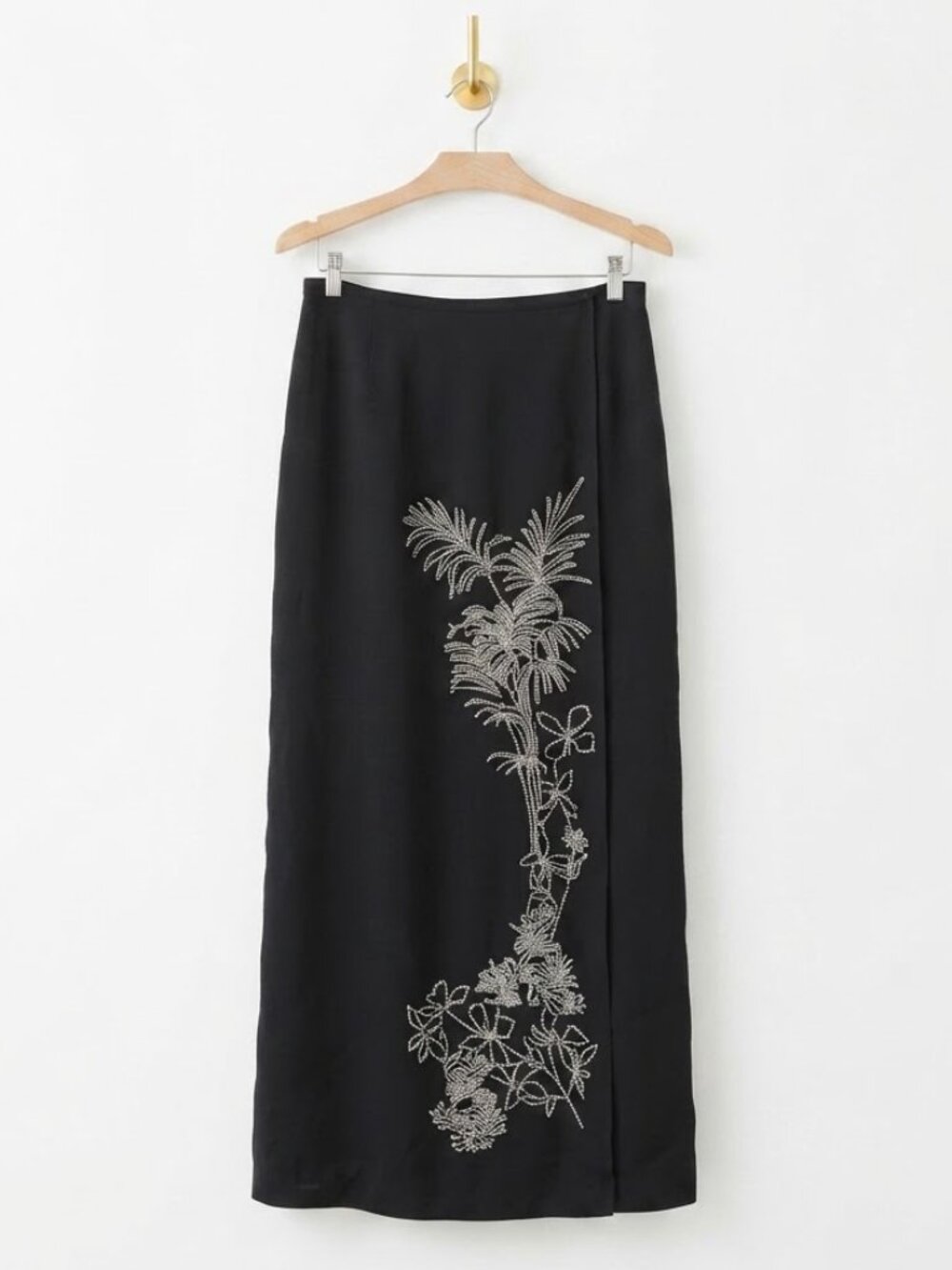 Wrap Midi Skirt Size 16 Black Silk Embroidered Floral Palm Tree Split Resort